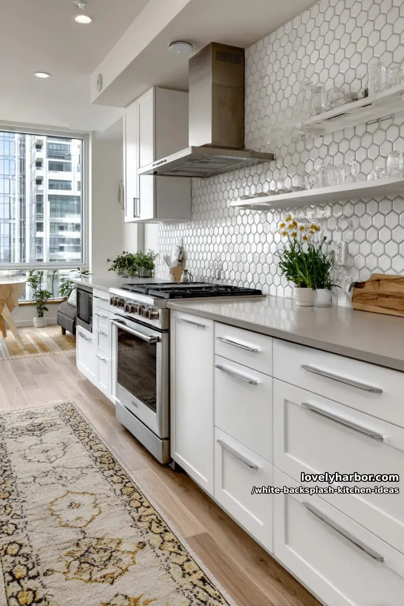 15 Elegant White Backsplash Ideas for Your Kitchen 13 white hexagon tiles with subtle gray grout lines for soft definition 1