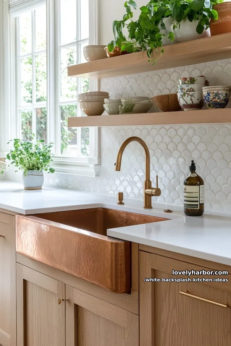 15 Elegant White Backsplash Ideas for Your Kitchen 37 white penny round tiles lining the wall behind a copper farmhouse sink 1