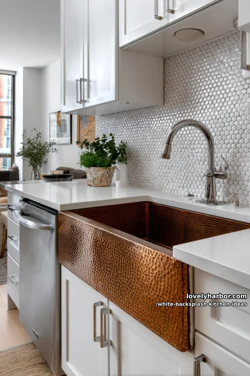 15 Elegant White Backsplash Ideas for Your Kitchen 38 white penny round tiles lining the wall behind a copper farmhouse sink 1