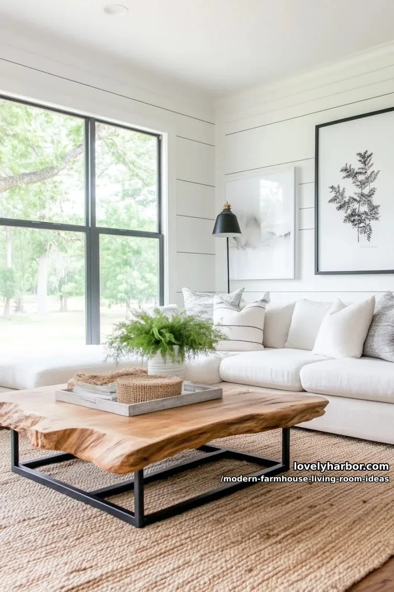 15 Modern Farmhouse Living Room Ideas for a Fresh Atmosphere 5 white shiplap accent wall paired with sleek black metal window frames 1