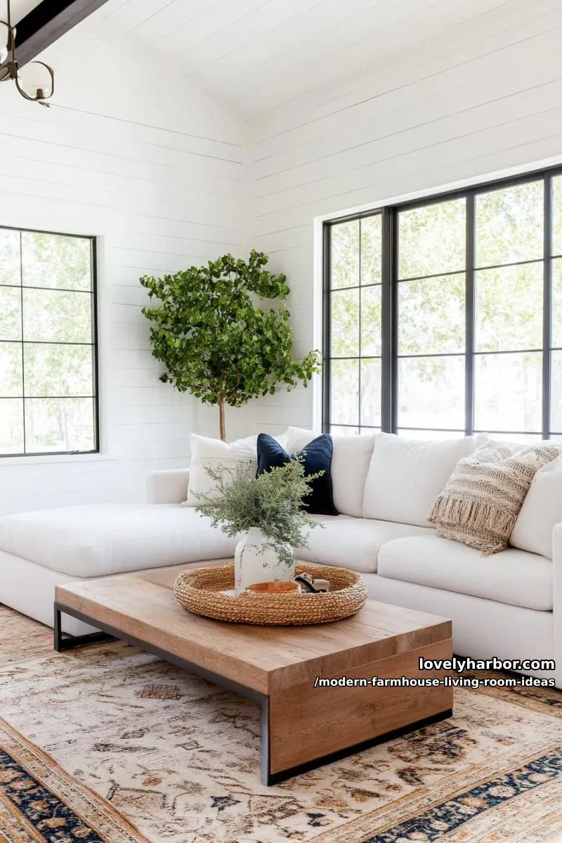 15 Modern Farmhouse Living Room Ideas for a Fresh Atmosphere 6 white shiplap accent wall paired with sleek black metal window frames 1