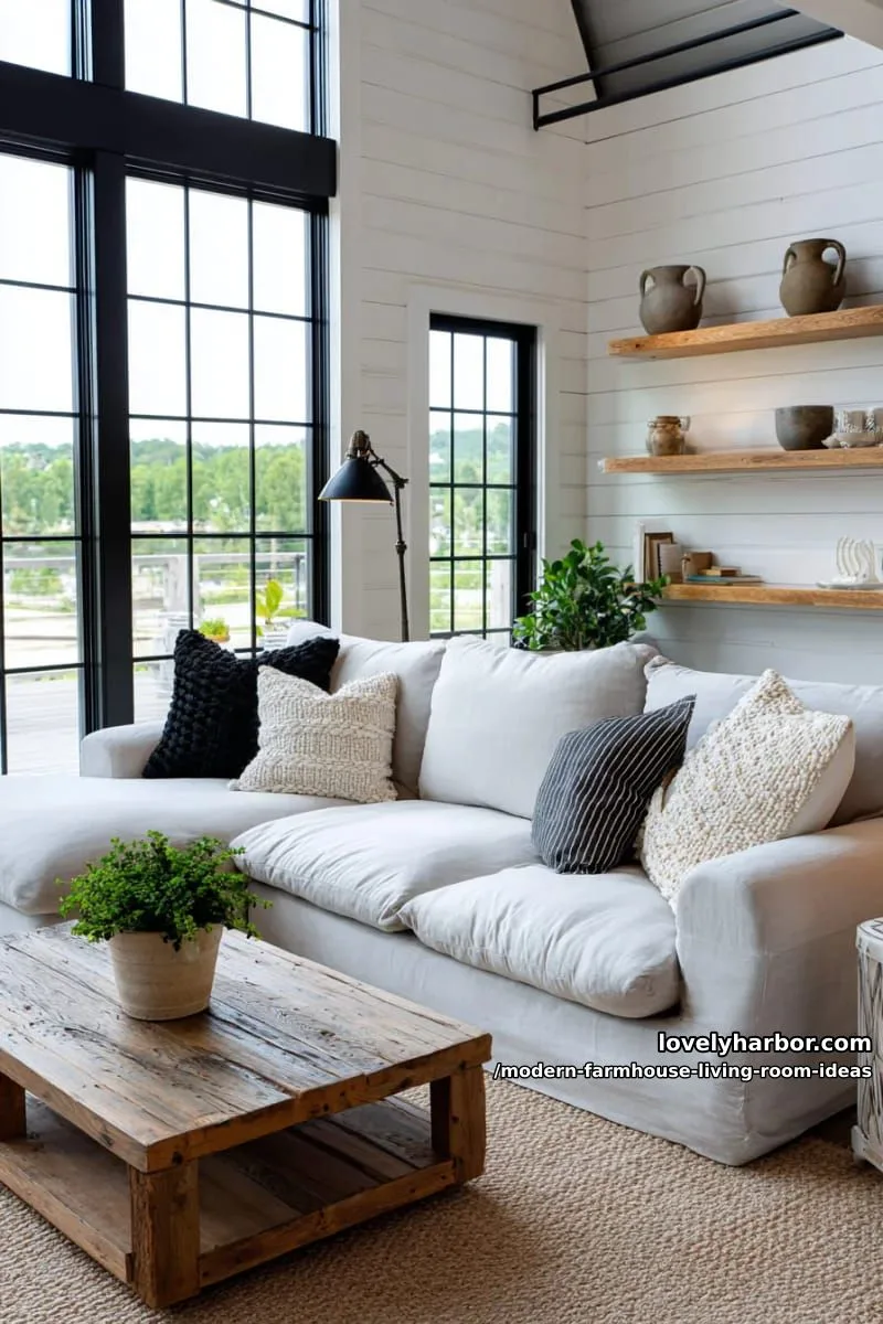 15 Modern Farmhouse Living Room Ideas for a Fresh Atmosphere 7 white shiplap accent wall paired with sleek black metal window frames 1