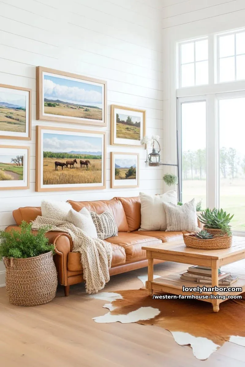 white shiplap wall with a gallery of western landscape paintings 1