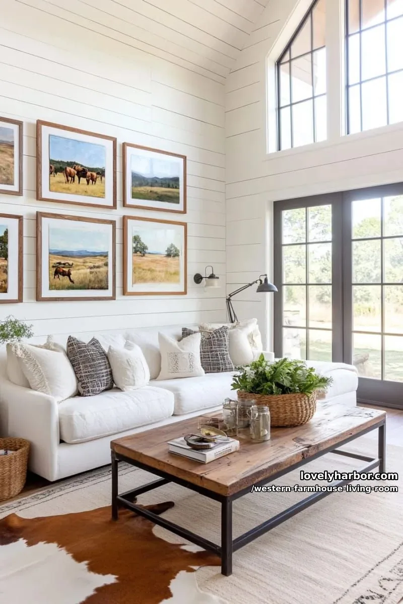 white shiplap wall with a gallery of western landscape paintings 1