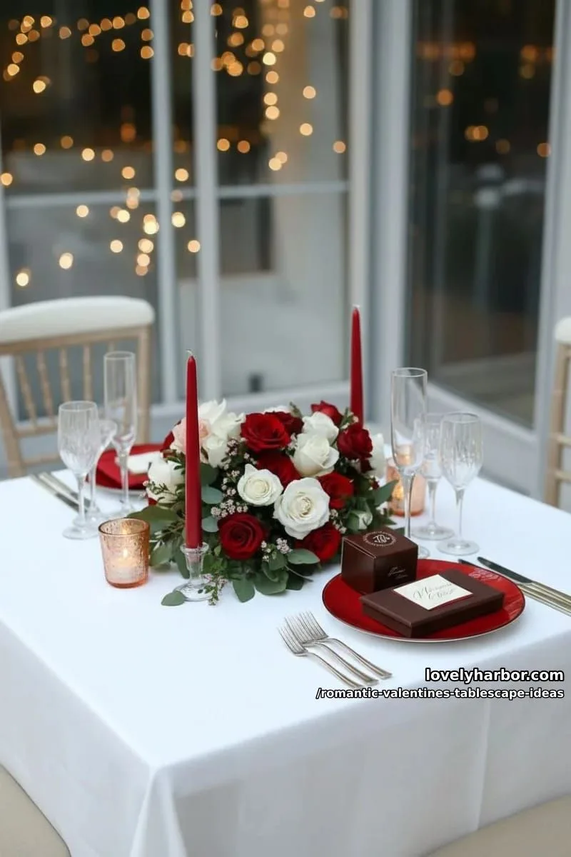 white tablecloth, red plates, and personalized chocolate boxes at every seat 1