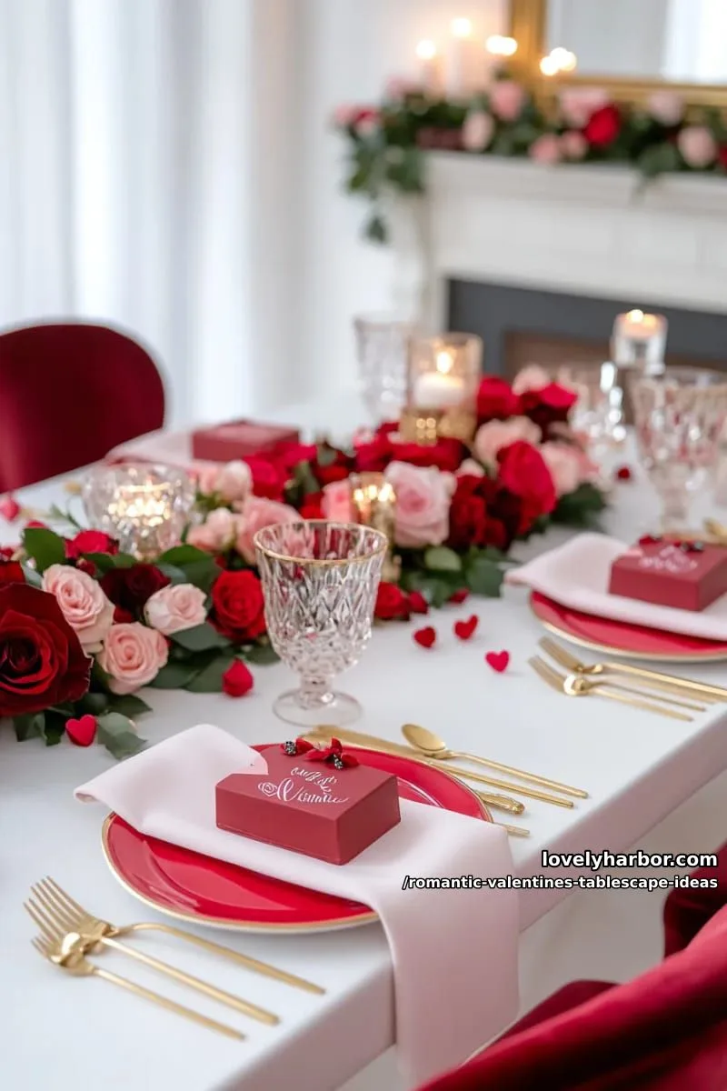 white tablecloth, red plates, and personalized chocolate boxes at every seat 1