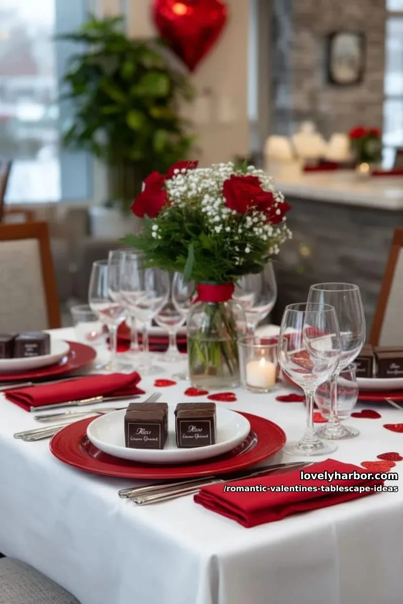 white tablecloth, red plates, and personalized chocolate boxes at every seat 1