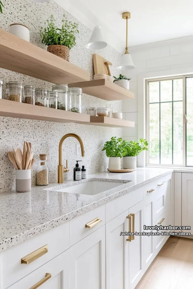 15 Elegant White Backsplash Ideas for Your Kitchen 32 white terrazzo slab backsplash with tiny flecks of gray and beige 1