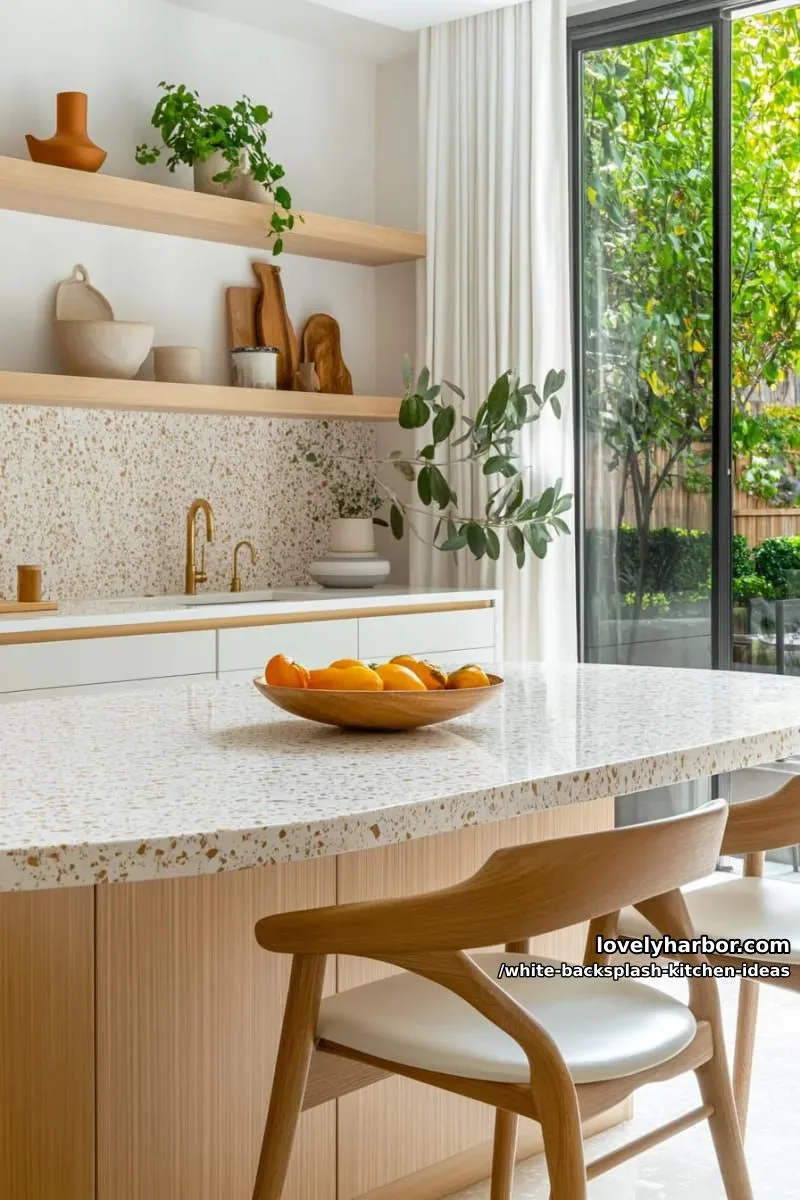 15 Elegant White Backsplash Ideas for Your Kitchen 33 white terrazzo slab backsplash with tiny flecks of gray and beige 1