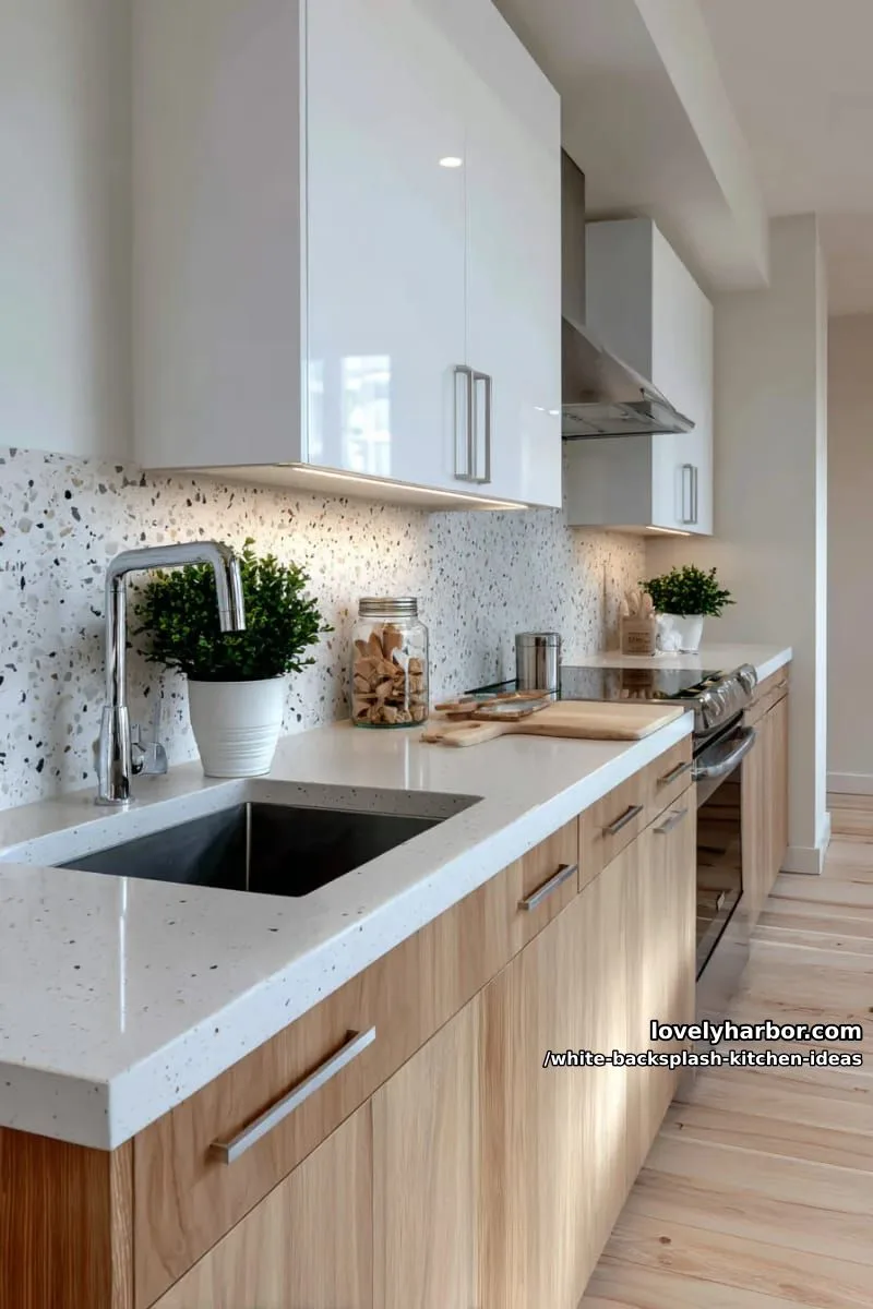 15 Elegant White Backsplash Ideas for Your Kitchen 34 white terrazzo slab backsplash with tiny flecks of gray and beige 1
