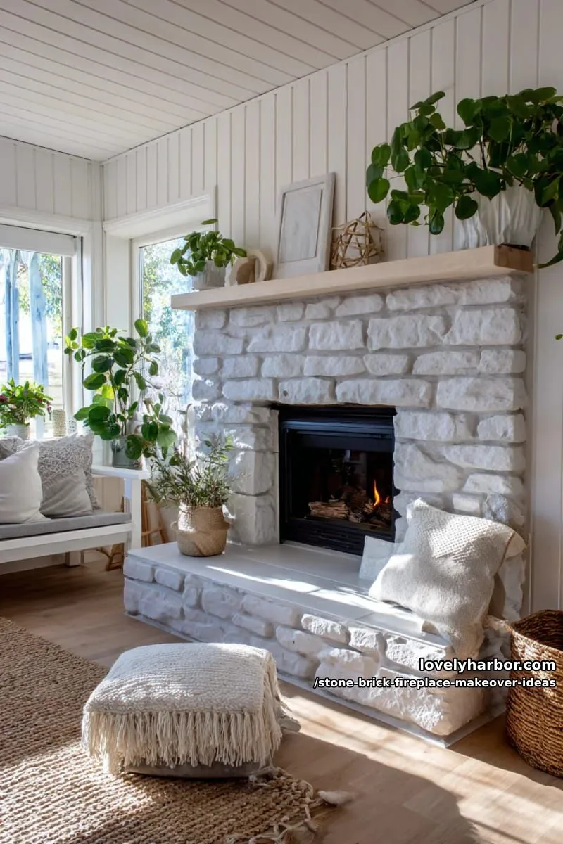 whitewash stone and brick for a fresh, scandinavian-inspired hearth transformation. 1