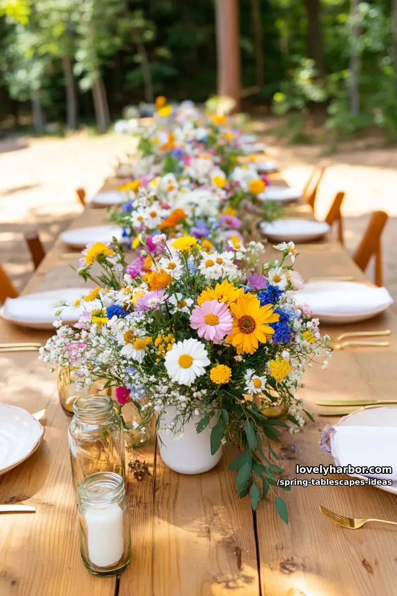wildflower bouquets in mismatched glass jars down the dining table 1