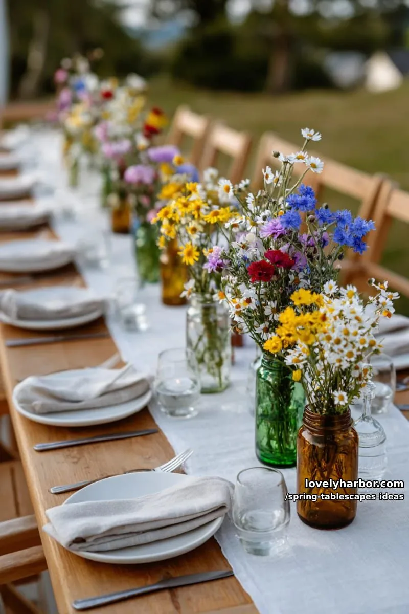 wildflower bouquets in mismatched glass jars down the dining table 1