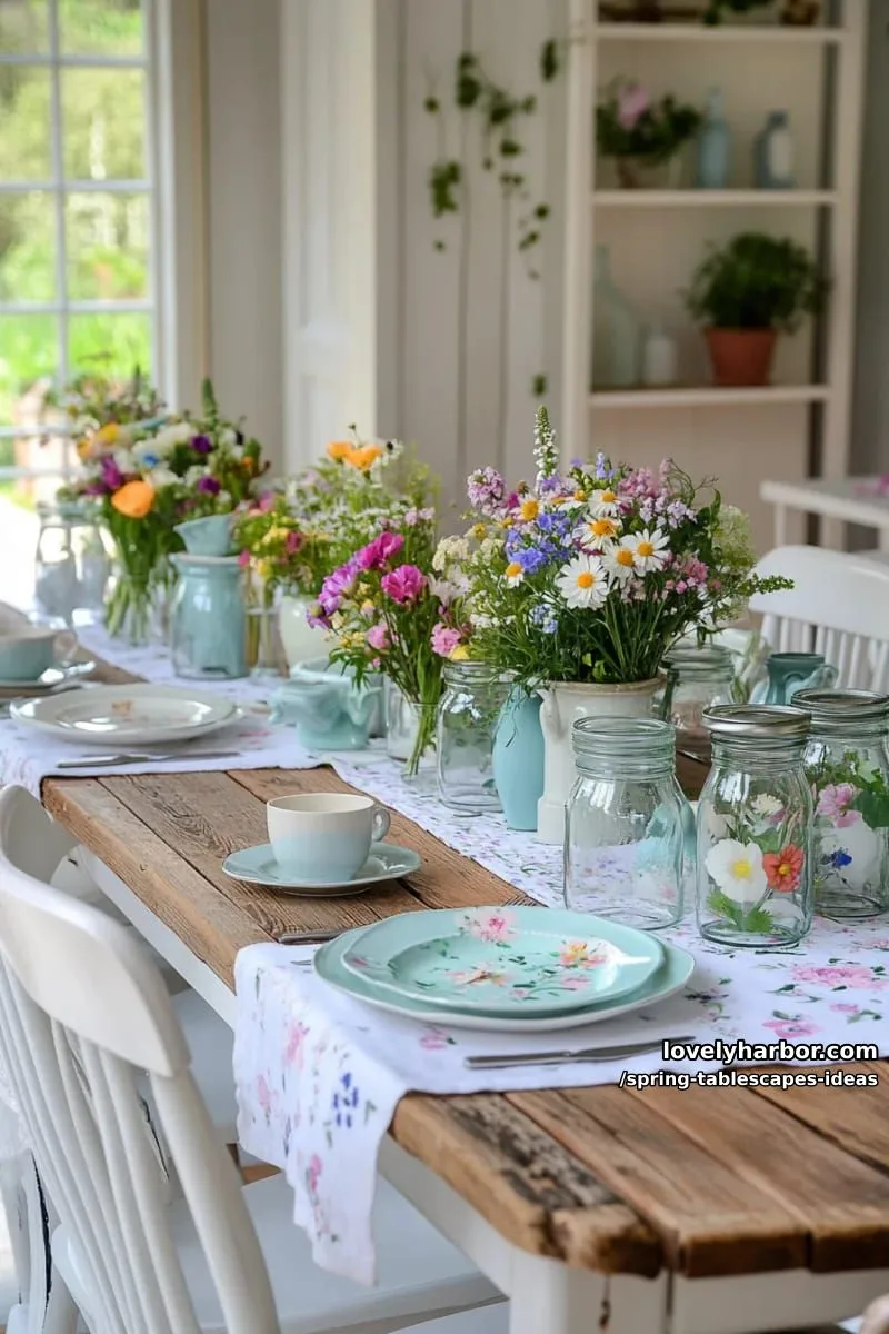 wildflower bouquets in mismatched glass jars down the dining table 1