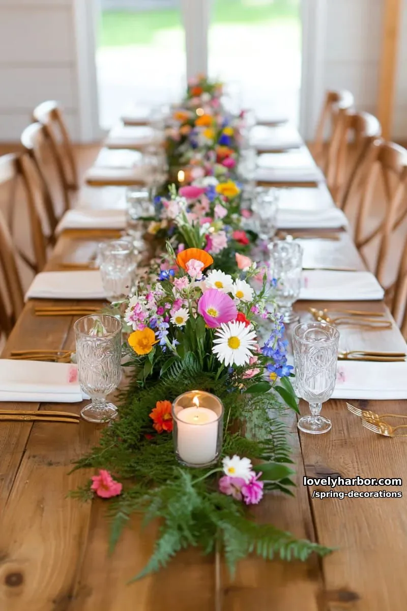 wildflower table runner with scattered petals and greenery 1