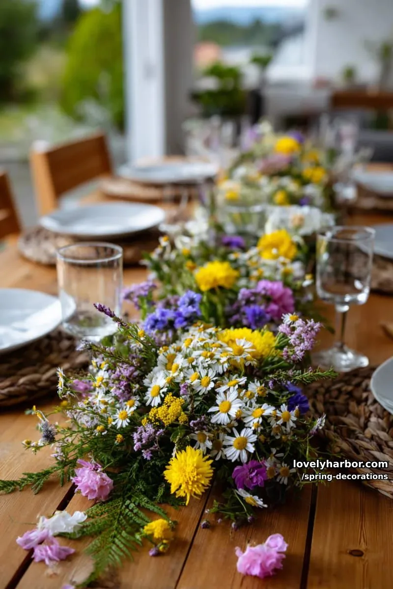 wildflower table runner with scattered petals and greenery 1