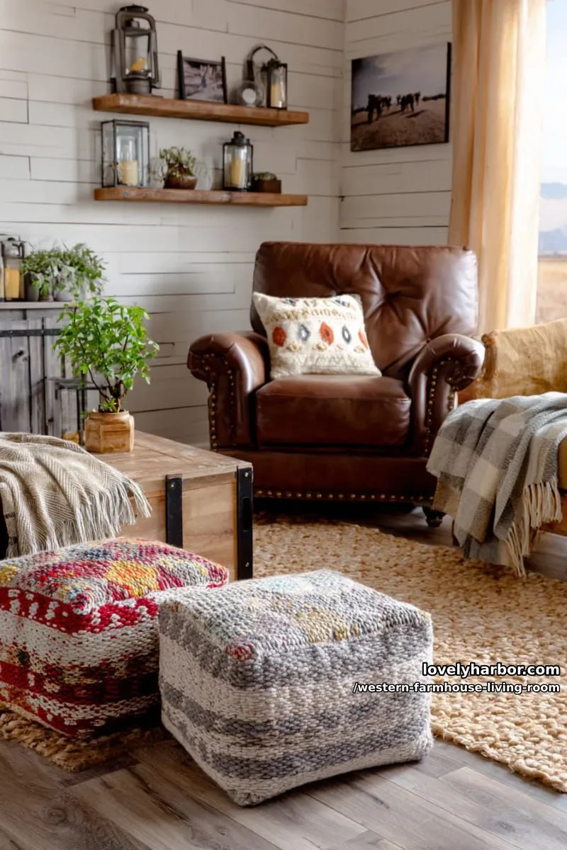 woven kilim floor poufs beside a tufted leather armchair and plaid throws 1