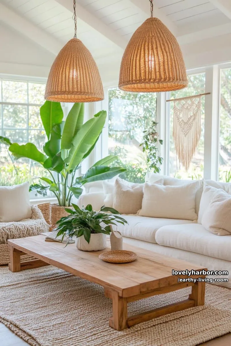 Bring Nature Indoors: 15 Earthy Living Room Designs to Inspire 5 woven rattan pendant lights above a low rustic wooden coffee table 1