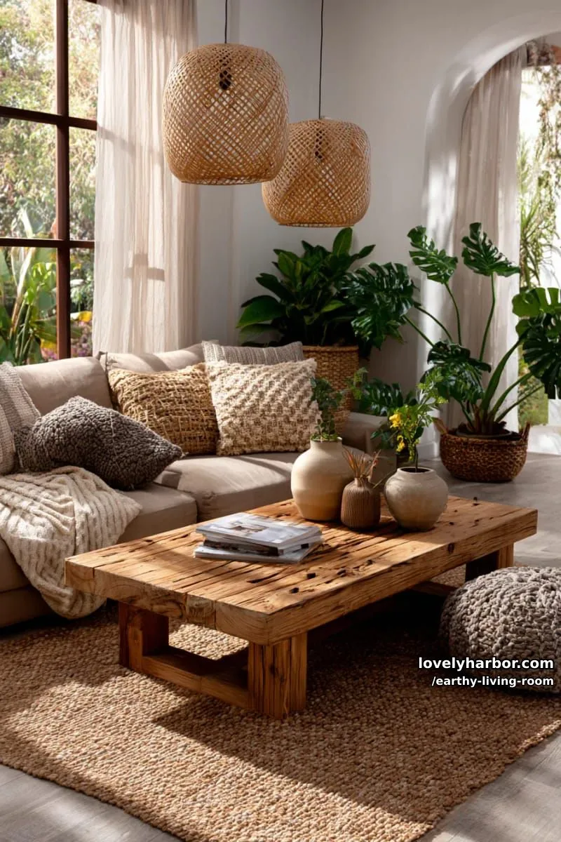 Bring Nature Indoors: 15 Earthy Living Room Designs to Inspire 6 woven rattan pendant lights above a low rustic wooden coffee table 1