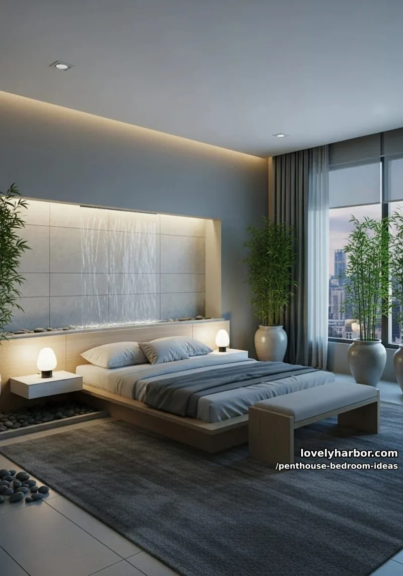zen-inspired space bedroom: pebble gray palette and water feature wall 1