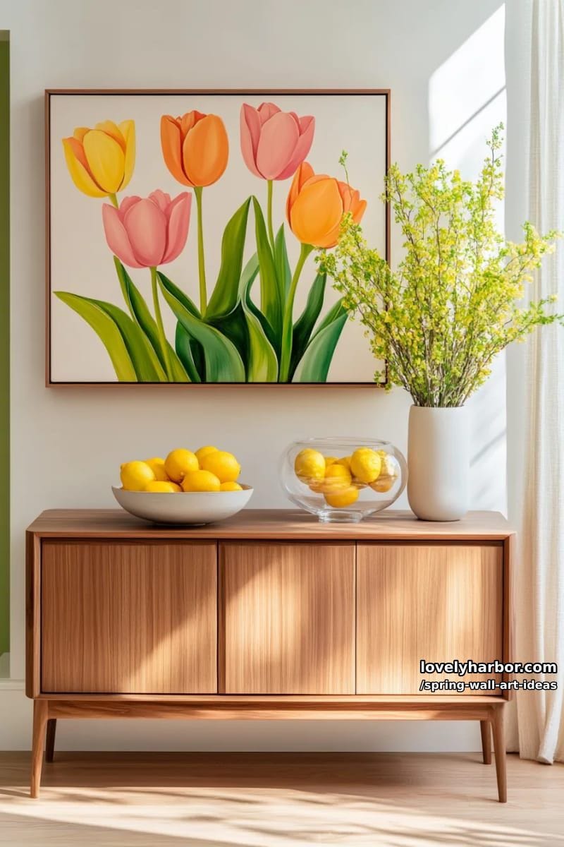 abstract wall art with bold tulip shapes in vibrant, saturated spring tones 1