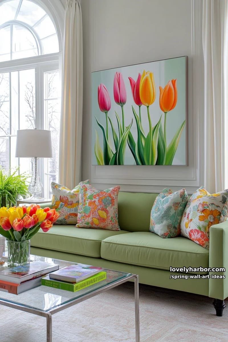 abstract wall art with bold tulip shapes in vibrant, saturated spring tones 1