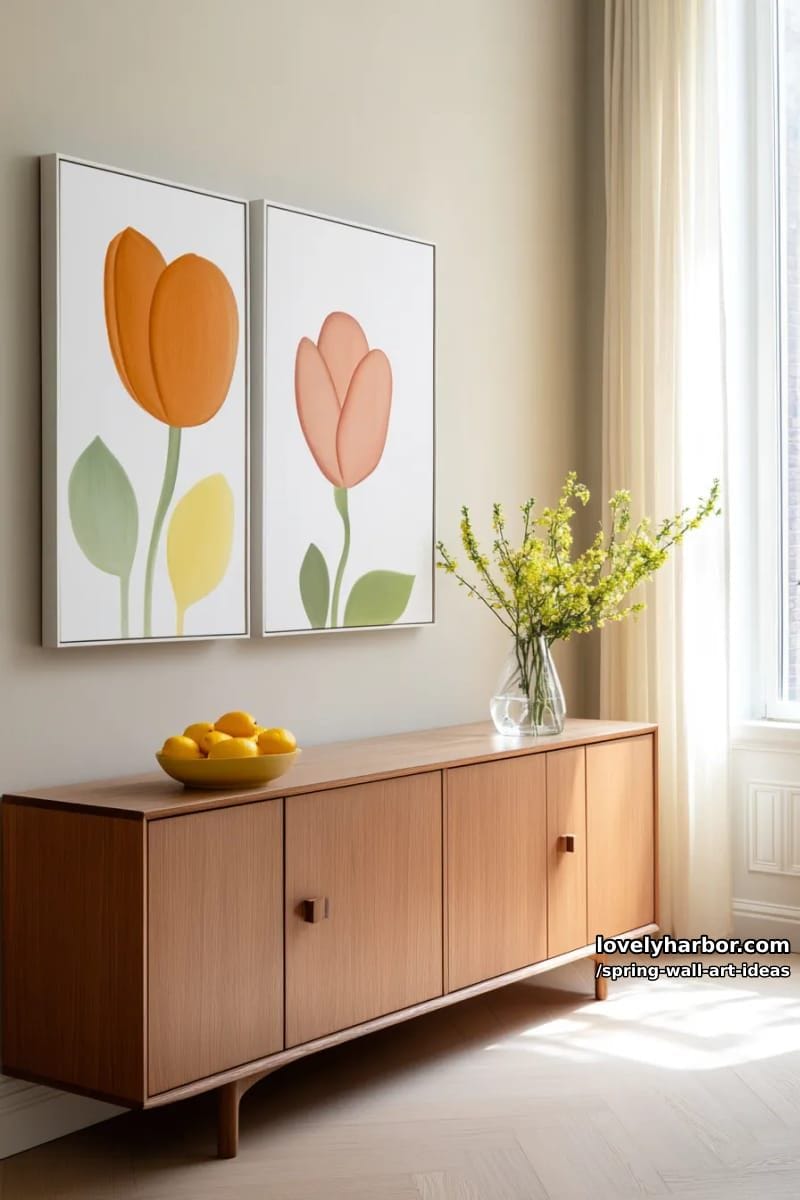 abstract wall art with bold tulip shapes in vibrant, saturated spring tones 1