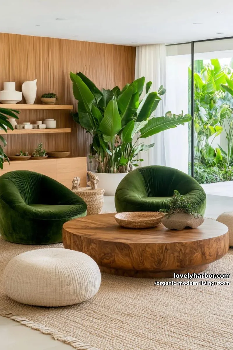 accent mid-century lounge chairs with plush, moss-green velvet cushions 1