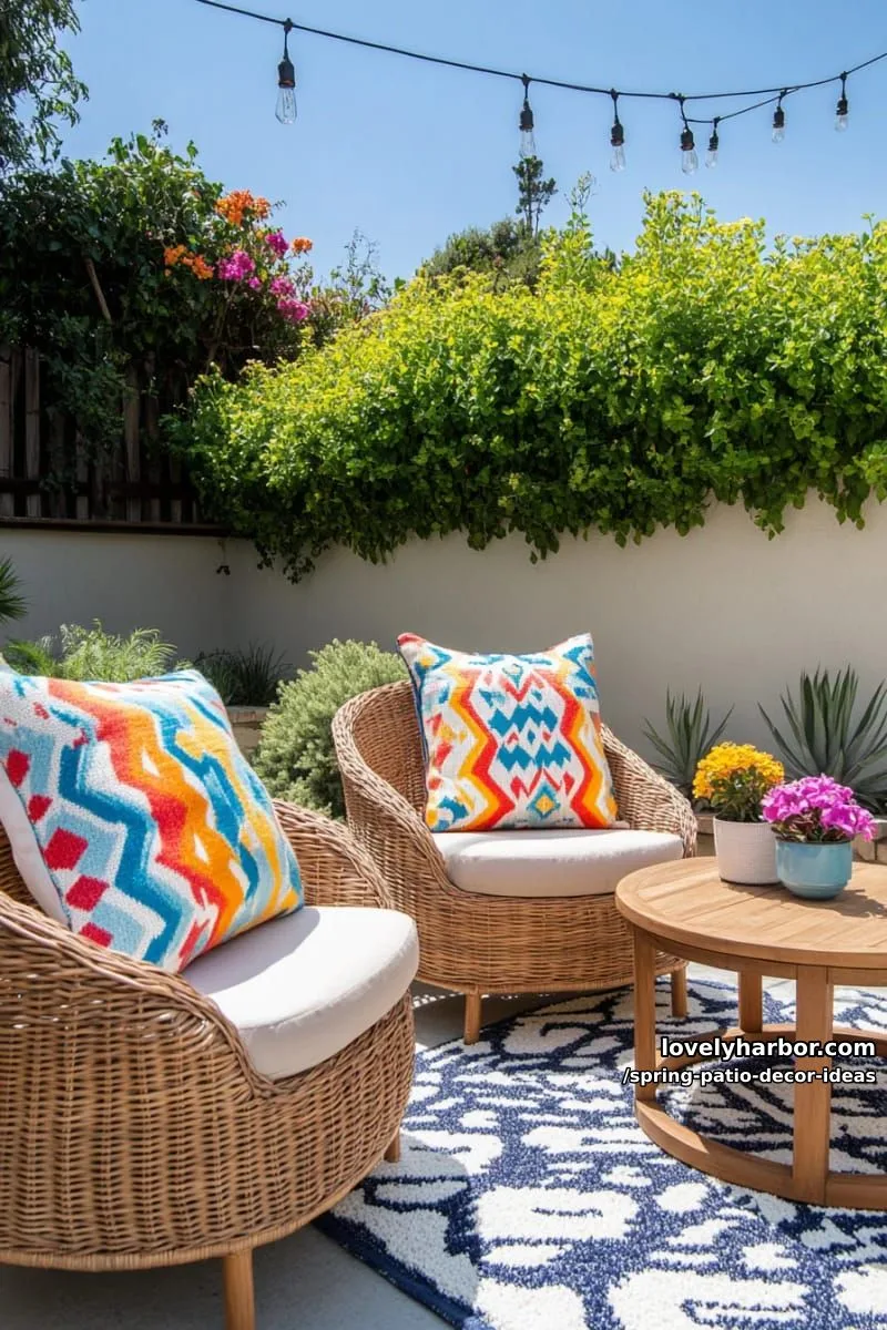 21 Spring Patio Decor Ideas To Welcome The New Season 53 accent seating with bright geometric throw pillows and a plush outdoor rug 1