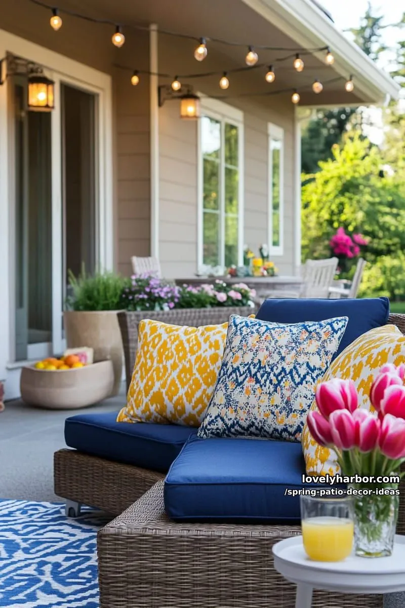 21 Spring Patio Decor Ideas To Welcome The New Season 54 accent seating with bright geometric throw pillows and a plush outdoor rug 1