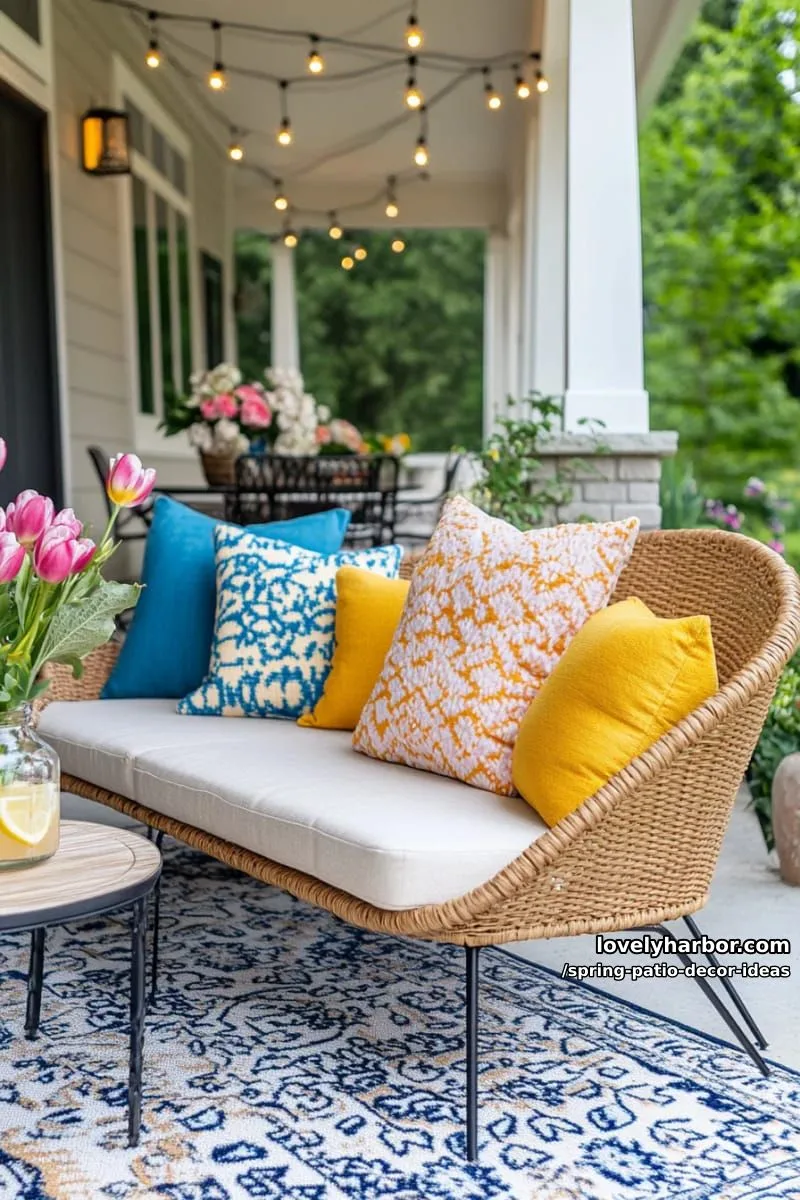 21 Spring Patio Decor Ideas To Welcome The New Season 55 accent seating with bright geometric throw pillows and a plush outdoor rug 1