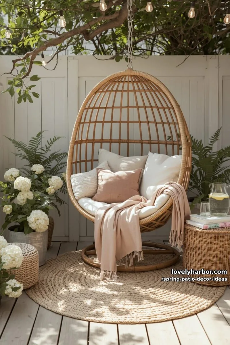 21 Spring Patio Decor Ideas To Welcome The New Season 26 add an outdoor egg chair with blush pink throws and textured neutral cushions 1