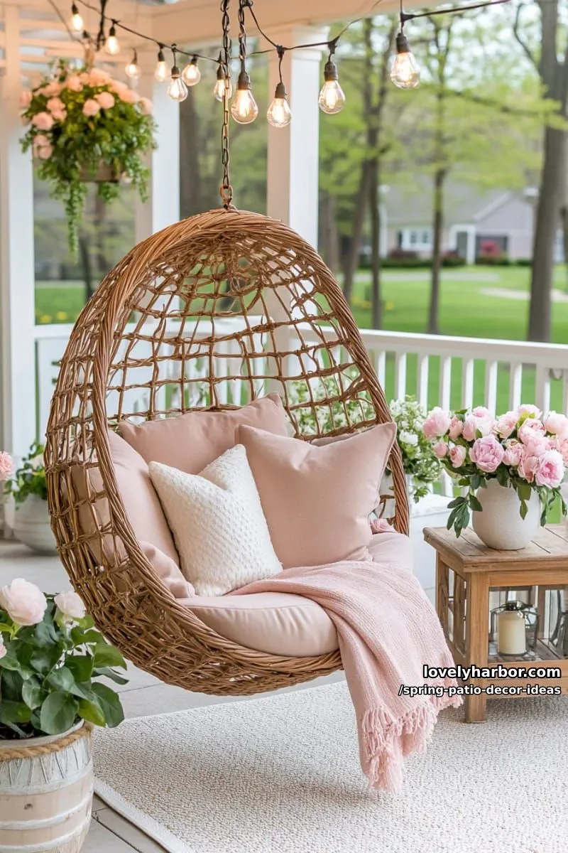 21 Spring Patio Decor Ideas To Welcome The New Season 27 add an outdoor egg chair with blush pink throws and textured neutral cushions 1