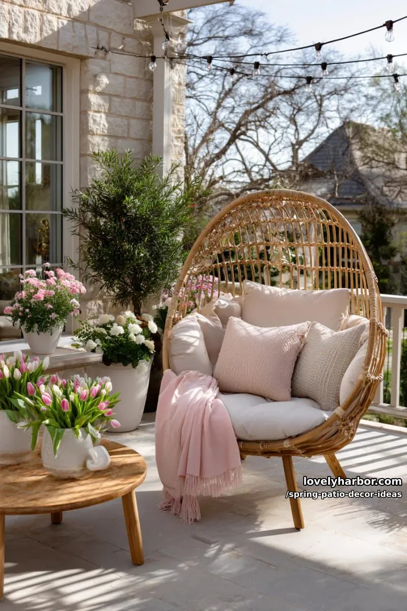 21 Spring Patio Decor Ideas To Welcome The New Season 28 add an outdoor egg chair with blush pink throws and textured neutral cushions 1