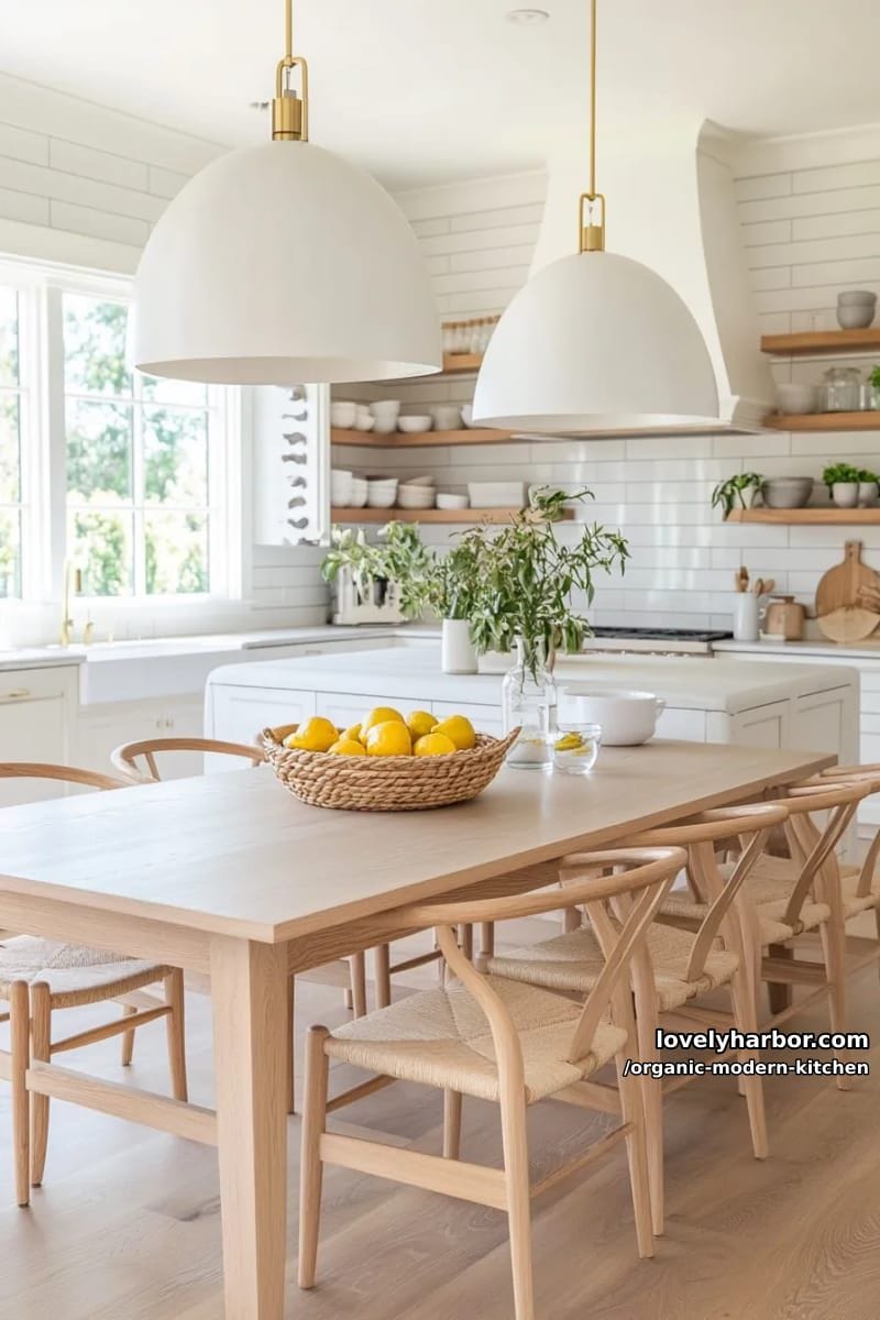 add oversized dome pendant lighting above a natural oak kitchen table. 1