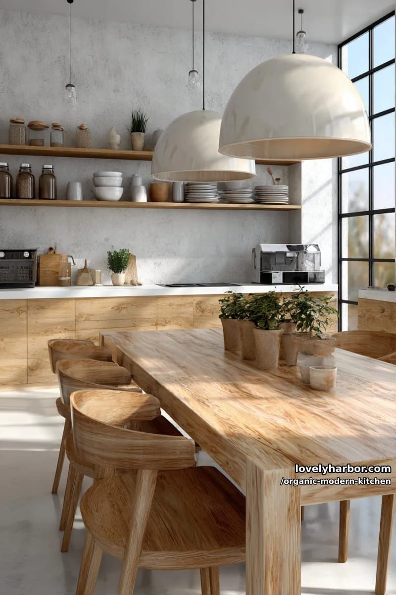 add oversized dome pendant lighting above a natural oak kitchen table. 1