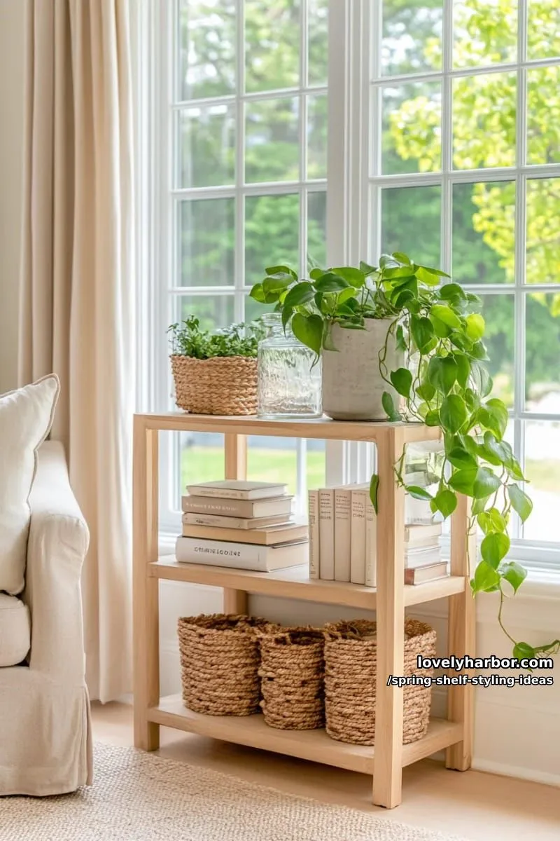 add trailing pothos vines draped over neutral stacked books for a fresh look. 1