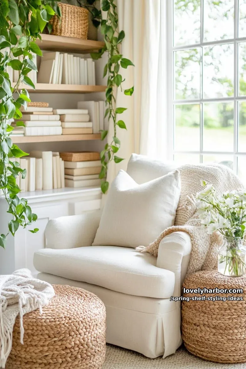 add trailing pothos vines draped over neutral stacked books for a fresh look. 1