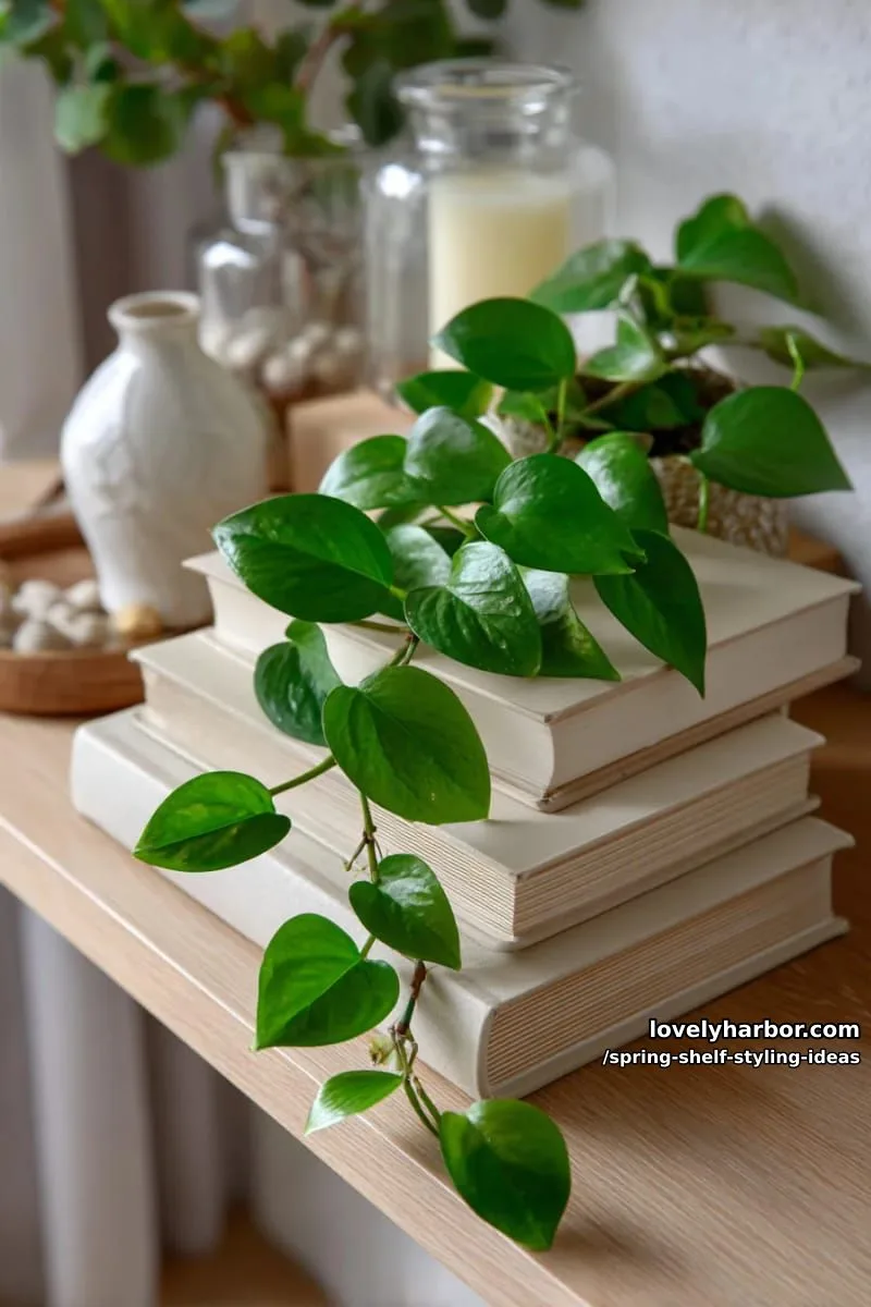 add trailing pothos vines draped over neutral stacked books for a fresh look. 1