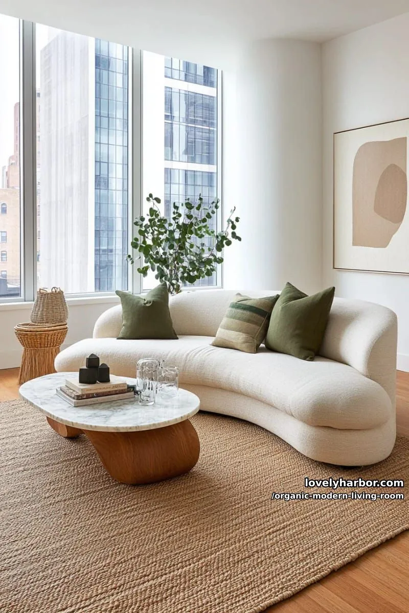 anchor the space with an organic jute rug under a modern curved couch 1