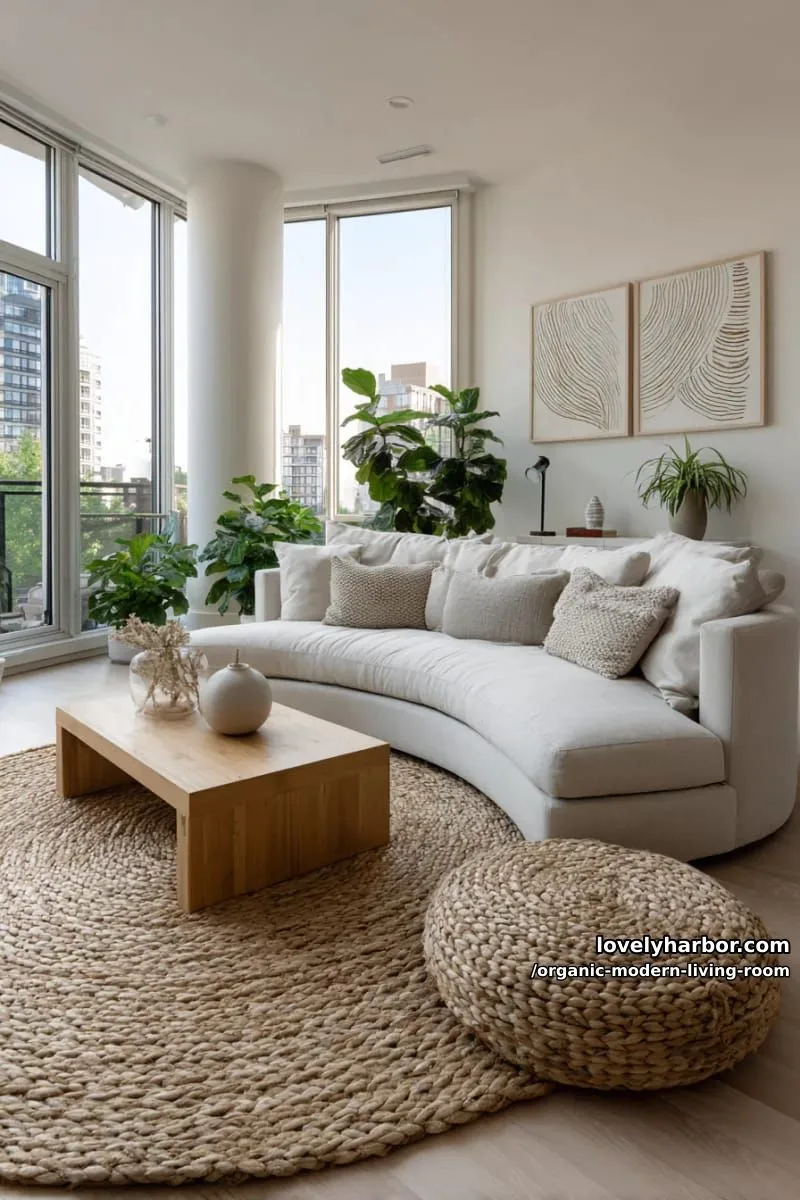 anchor the space with an organic jute rug under a modern curved couch 1