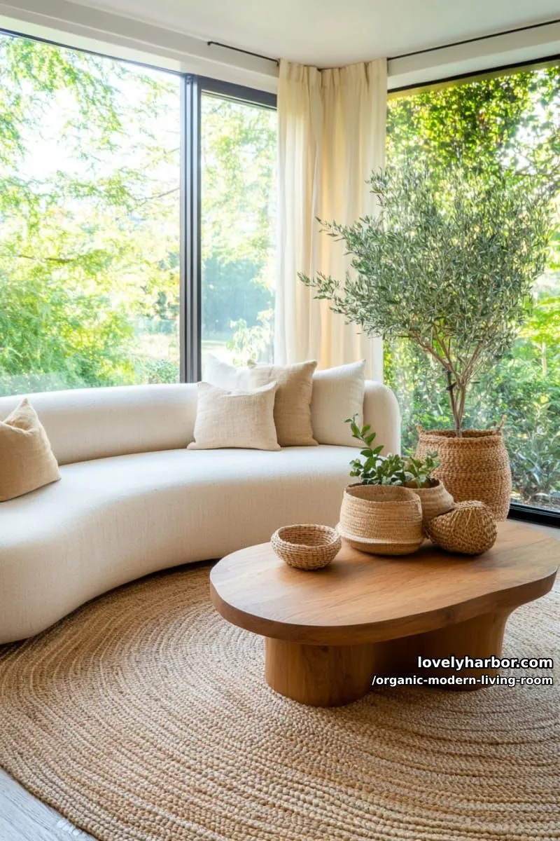 anchor the space with an organic jute rug under a modern curved couch 1