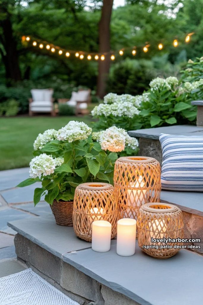 arrange a cluster of oversized woven lanterns with led candles on patio steps 5