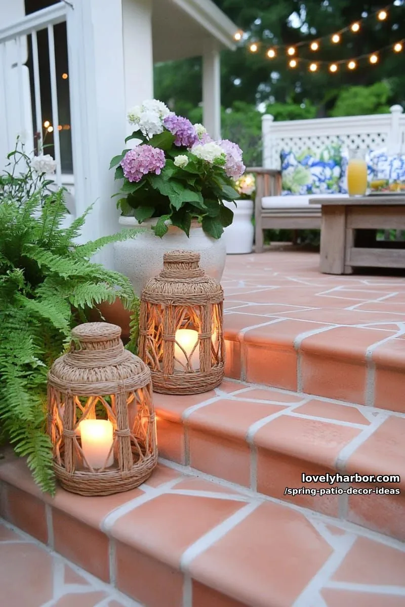 21 Spring Patio Decor Ideas To Welcome The New Season 6 arrange a cluster of oversized woven lanterns with led candles on patio steps 1