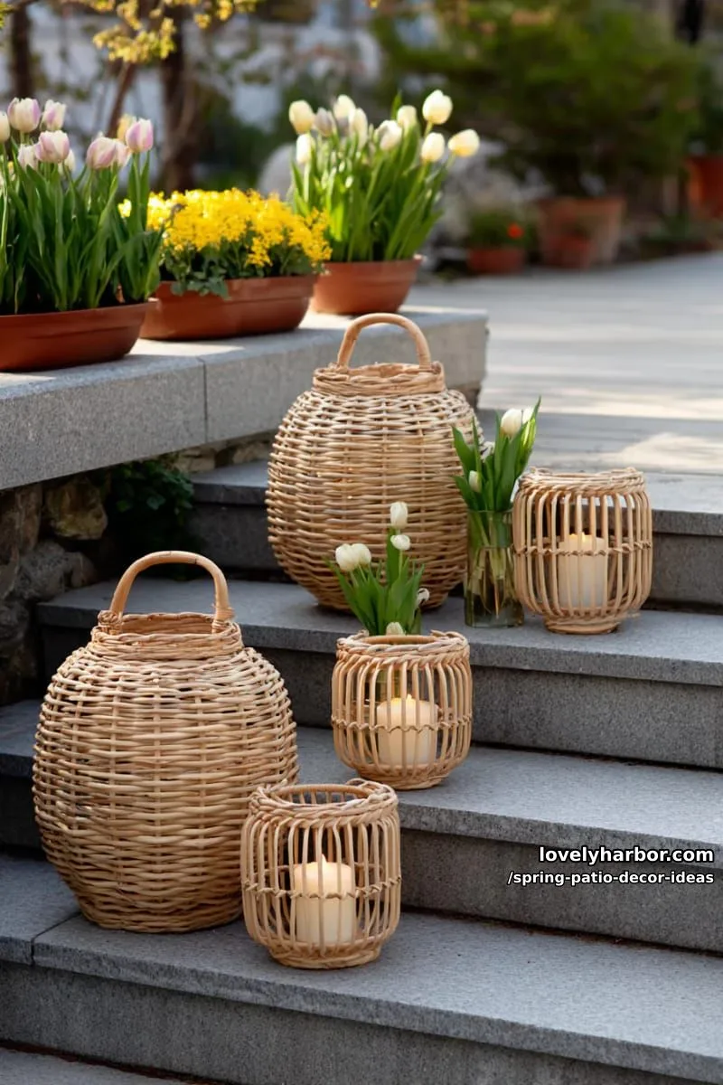 21 Spring Patio Decor Ideas To Welcome The New Season 7 arrange a cluster of oversized woven lanterns with led candles on patio steps 1