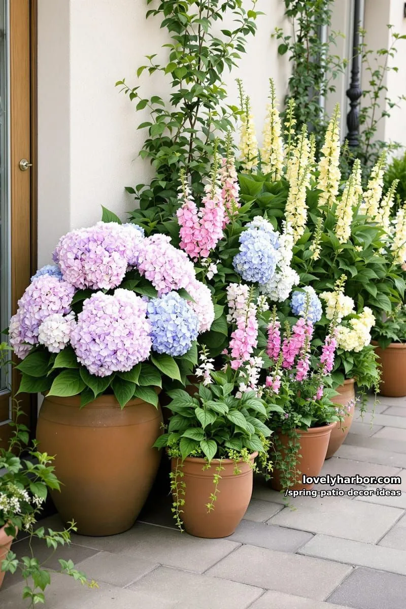 21 Spring Patio Decor Ideas To Welcome The New Season 56 arrange a cluster of potted hydrangeas and snapdragons for a lush spring entrance 1
