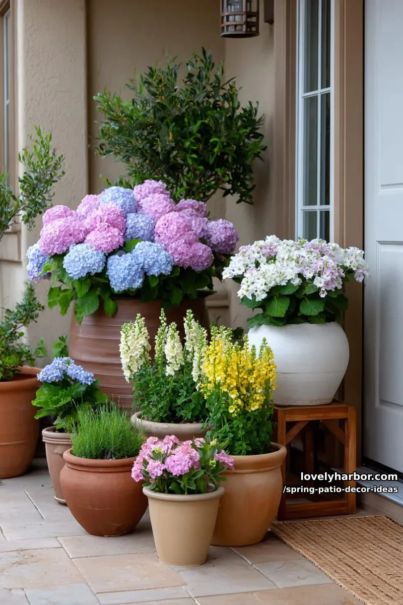 21 Spring Patio Decor Ideas To Welcome The New Season 57 arrange a cluster of potted hydrangeas and snapdragons for a lush spring entrance 1