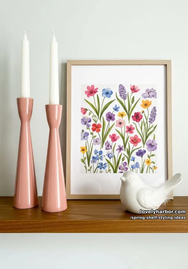 arrange blush pink candlesticks beside a framed floral art print and ceramic bird. 1