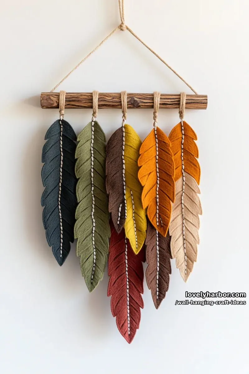 15 Artistic Wall Hanging Crafts to Upgrade Your Home 10 arrange felt leaves on a wooden dowel for an earthy boho wall accent. 1