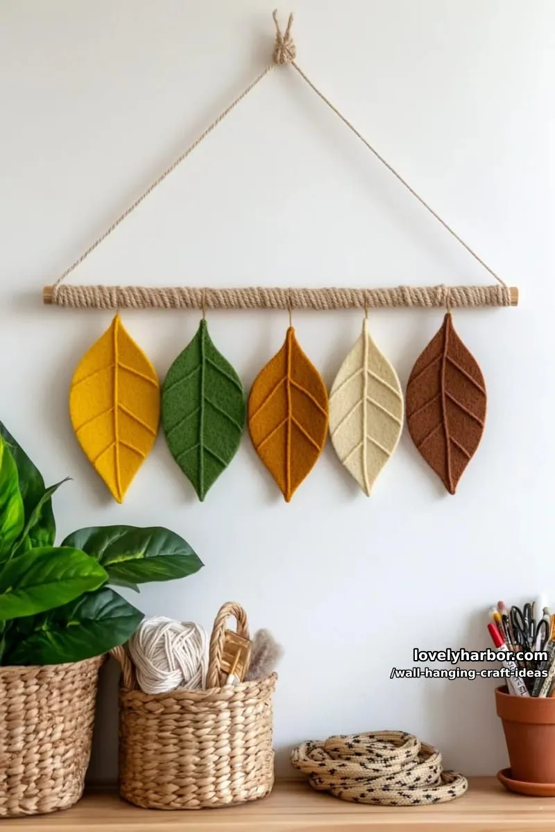 15 Artistic Wall Hanging Crafts to Upgrade Your Home 8 arrange felt leaves on a wooden dowel for an earthy boho wall accent. 1